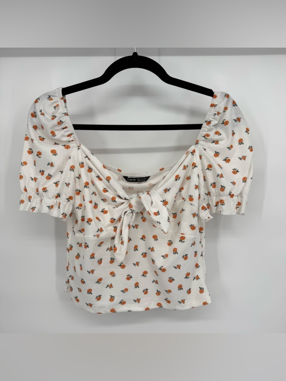 SHEIN Floral Puff Sleeve Tie Front Crop Top Cottagecore Ribbed Stretch Blouse XL